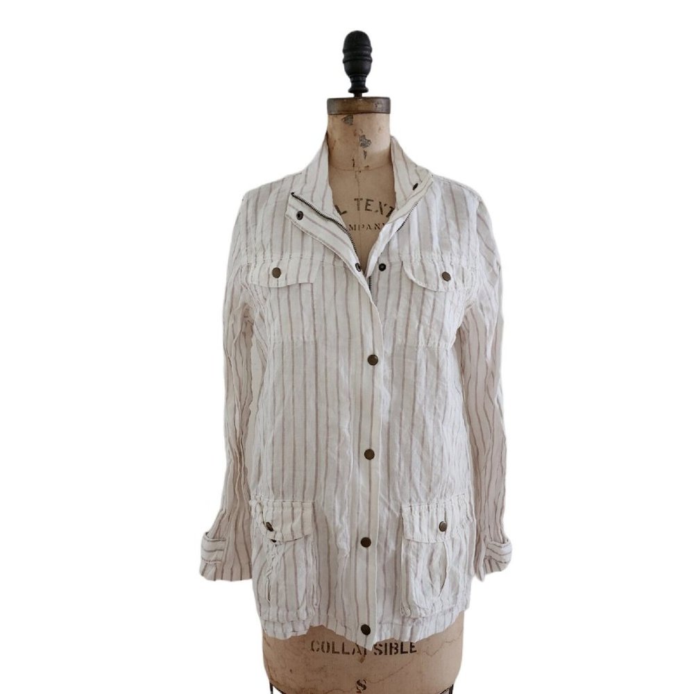 Artisan NY Striped Linen Field Jacket White Tan M EUC